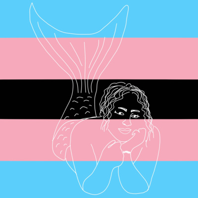 Ilustraçom dumha sereia em branco sobre a bandeira afrotrans, que consta de faixas horizontais nas cores  celeste, rosa, preta, rosa, e celeste. 

